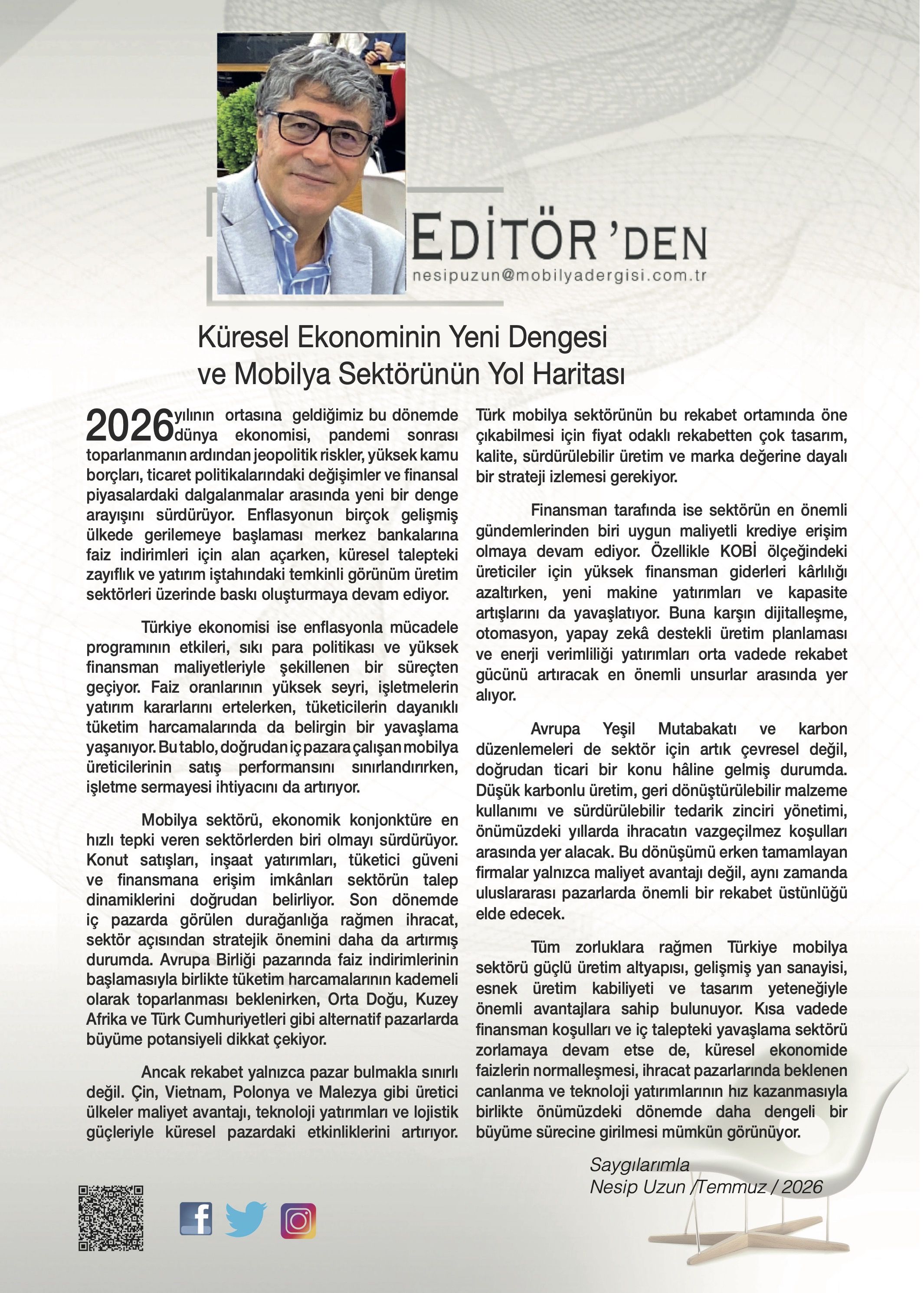 Mobilya dergisi Temmuz 2026 Editöer’den Bu sayı